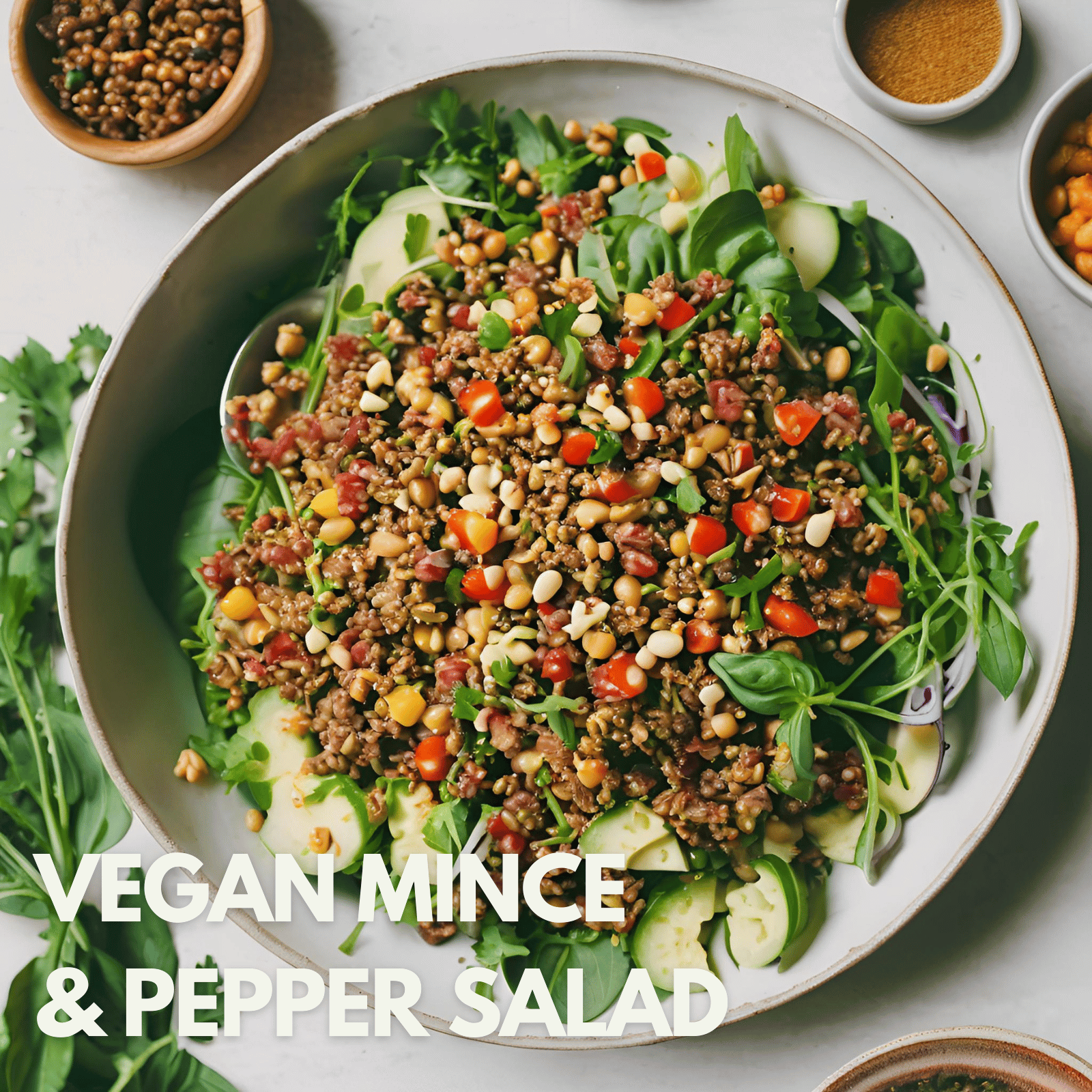 Strength By Fitness, vegan mince and pepper salad, high-protein, moderate fat.