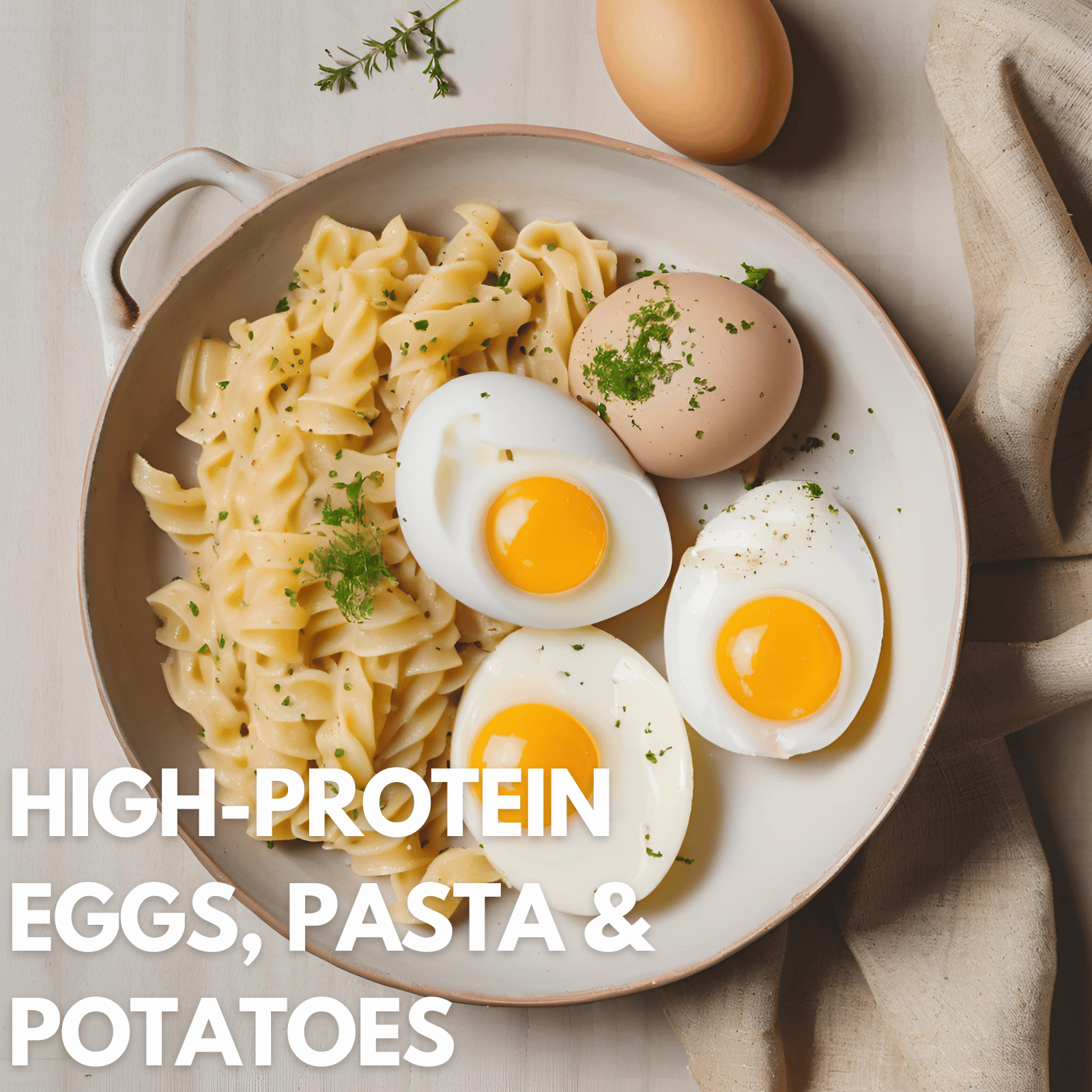 High-protein meal. Eggs, pasta, potatoes. Strength By Fitness.