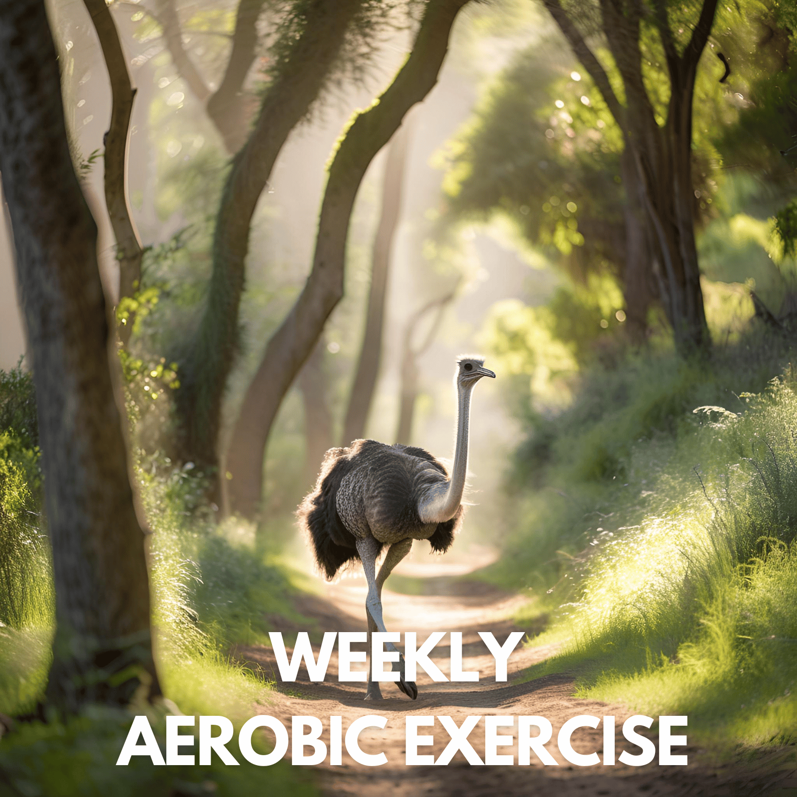 Strength By Fitness promotes the benefit of weekly exercise adherence. In the image we can see an adult ostrich walking through a forest and the words, weekly aerobic exercise.