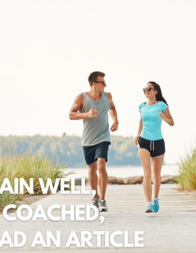 Train well, be coached, read an article. Strength By Fitness. Fit couple running through a beautiful lakeside area.