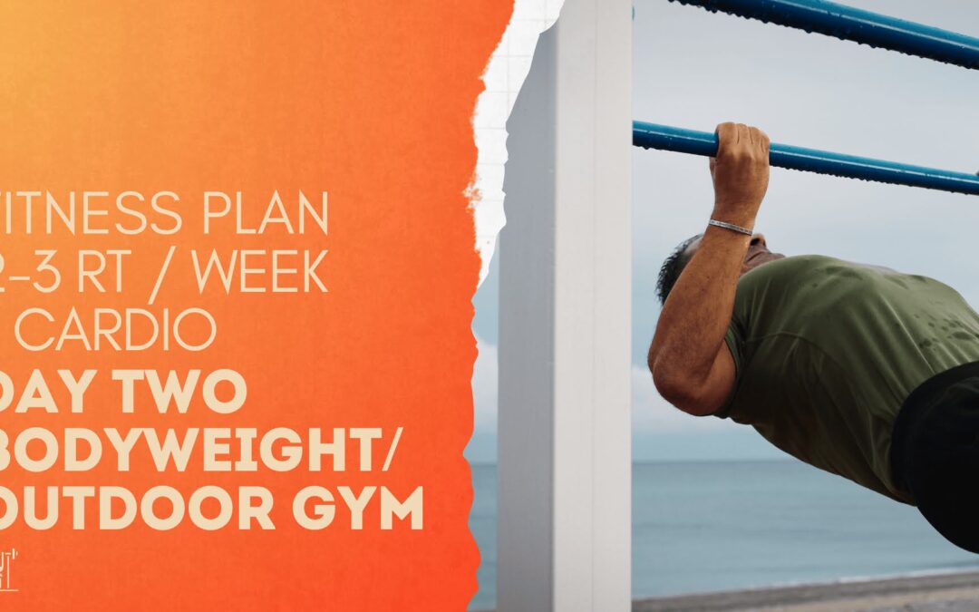 Fitness Plans from Strength By Fitness. 2 to 3 days RT per week. This is day two in our outdoor gym and bodyweight based fitness plan. We provide several different versions of day two so you can easily mold the entire fitness week to your liking and still work our entire body.