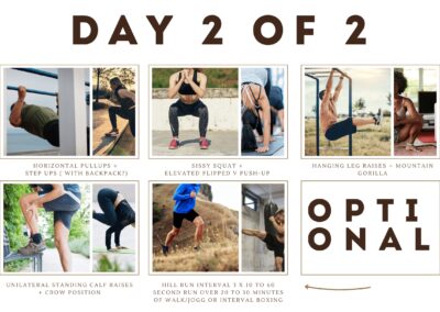 This is the Strength By Fitness Yoga inspired day two version of our bodyweight, outdoor strength training plan. This day 2 version includes the following exercises. Horizontal pull-ups, full rom weighted step up, Sissy squat, Flipped V push-up, hanging leg raises, the mountain gorilla squat & stretch exercise, standing calf raises, and the crow which is a excellent strength and agility exercise from our Yoga coaches. Optional hill sprints or boxing.