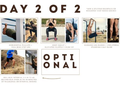 Day two of our bodyweight, outdoor strength training plan. This day 2 version includes the following exercises. Horizontal pull-ups, full rom weighted step up, Sissy squat, Flipped V push-up, Hanging leg raises, unilateral standing calf raises. Optional hill sprints or boxing.