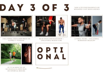 Day three of our bodyweight, outdoor strength training plan. This day 3 version includes the following exercises. Unilateral standing shoulder press, rear shoulder raise, biceps curl, unilateral RDL, lateral shoulder raise, Optional jogging or boxing.