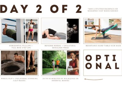 Day two of our bodyweight, outdoor strength training plan. This day 2 version includes the following exercises. Horizontal pull-ups, full rom weighted step up, reverse Nordic curls, unilateral shoulder press, table kickback with resistance band, wheel flip. standing calf raise, Optional jogging or boxing.