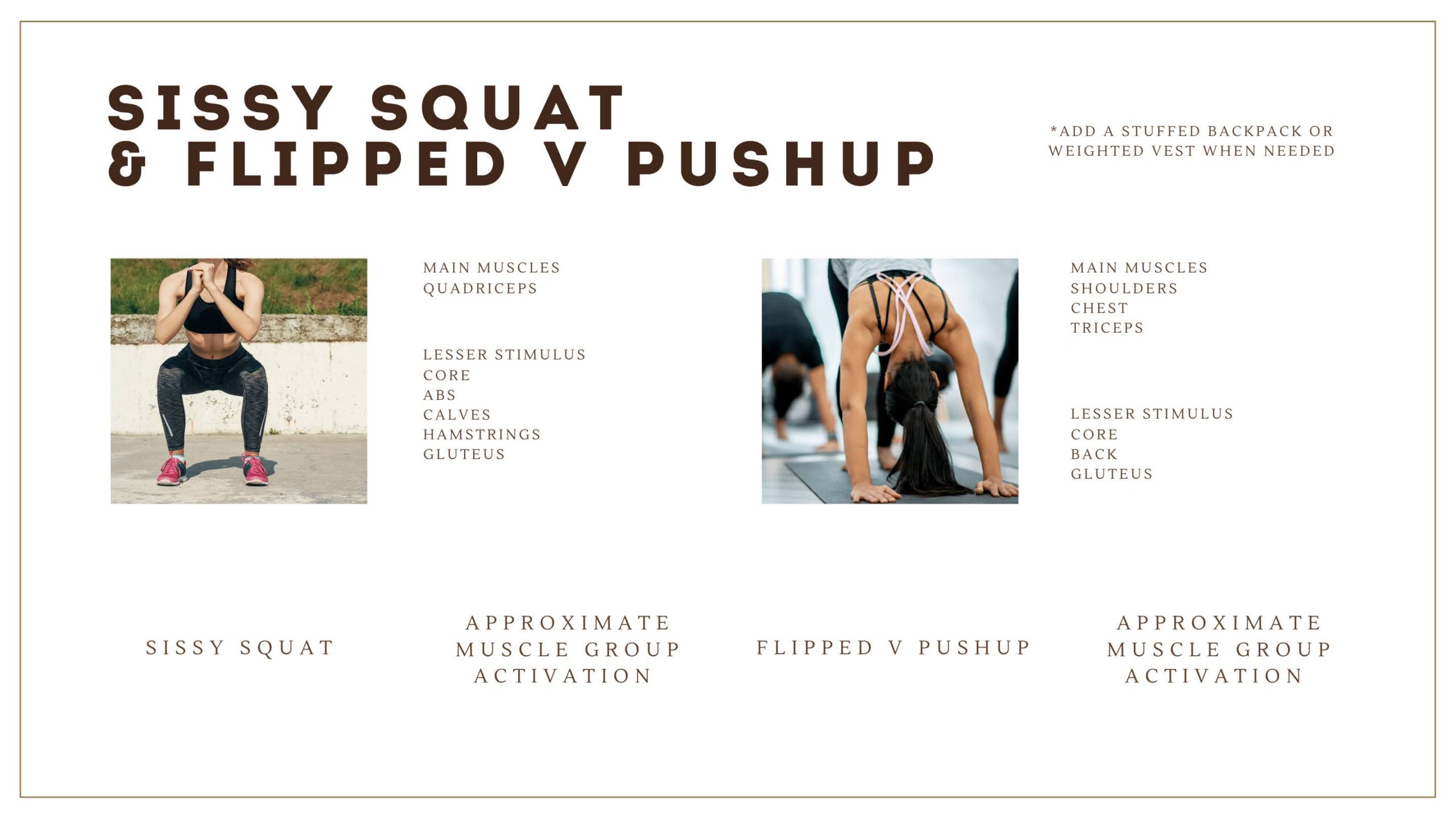 Strength By Fitness, the sissy squat and flipped V pushup from our bodyweight and outdoor gym fitness plan. We also include the approximate muscle activation for each exercise in our image. Strength By Fitness, the sissy squat and flipped V pushup from our bodyweight and outdoor gym fitness plan. We also include the approximate muscle activation for each exercise in our image.