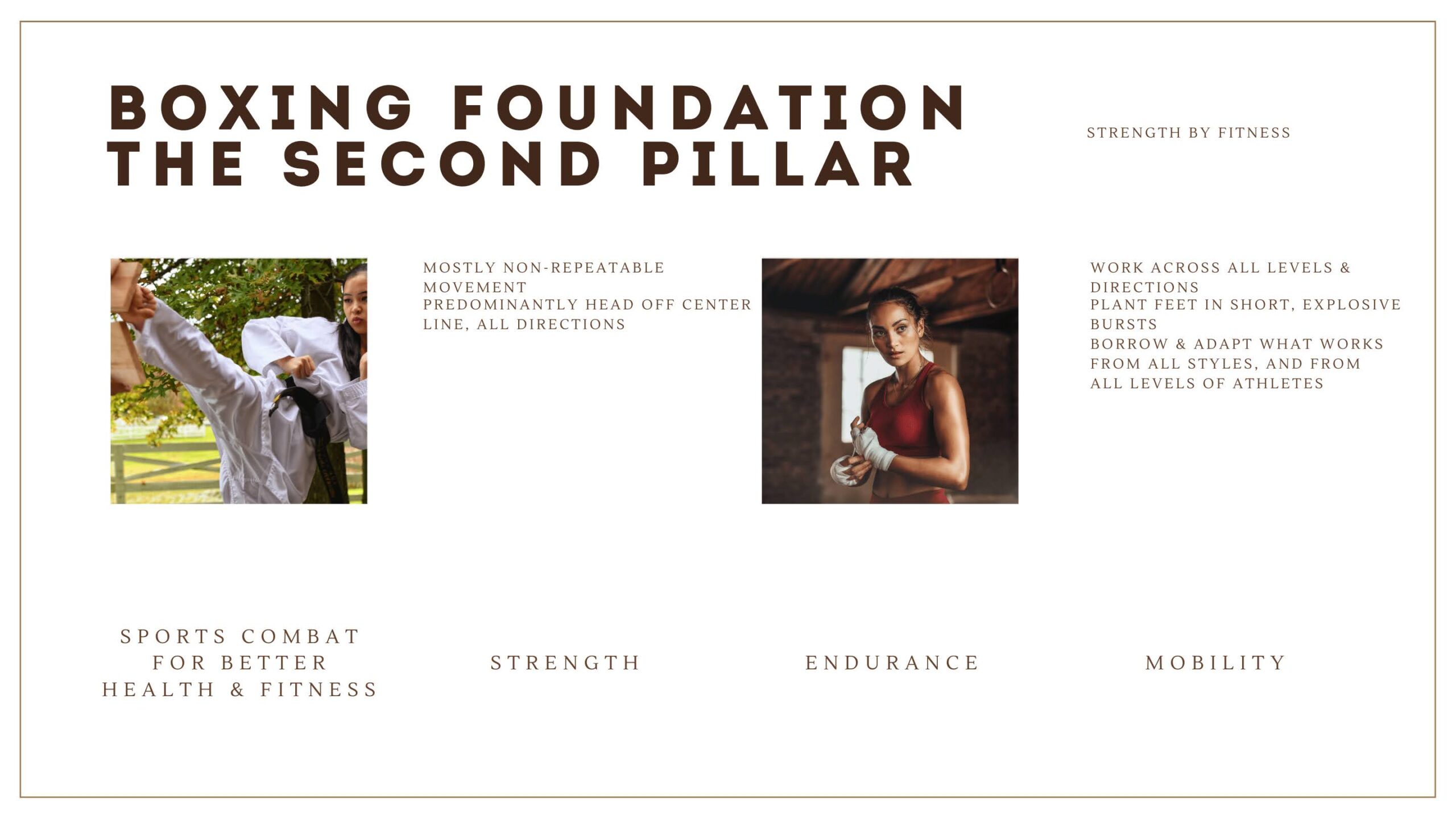 Strength By Fitness Exercise Library: Boxing Foundation, The Second Pillar. Movement in head and feet. Every good martial artists need a good foundation to build upon, and this holds true even if you only include sports combat in your fitness life for the wonderful exercise and beneficial outcomes it provides. A good foundation makes for a better, more beneficial exercise level. In Strength By Fitness Boxing foundation series you will learn how to move, guard, and box properly no matter martial arts preference. Creating a great foundation that will never go out of style no matter how advanced and skilled you eventually become. As you become advanced enough you can expand your foundation, and even understand when to break it. Welcome to Strength By Fitness fact-based fitness life & coaching.