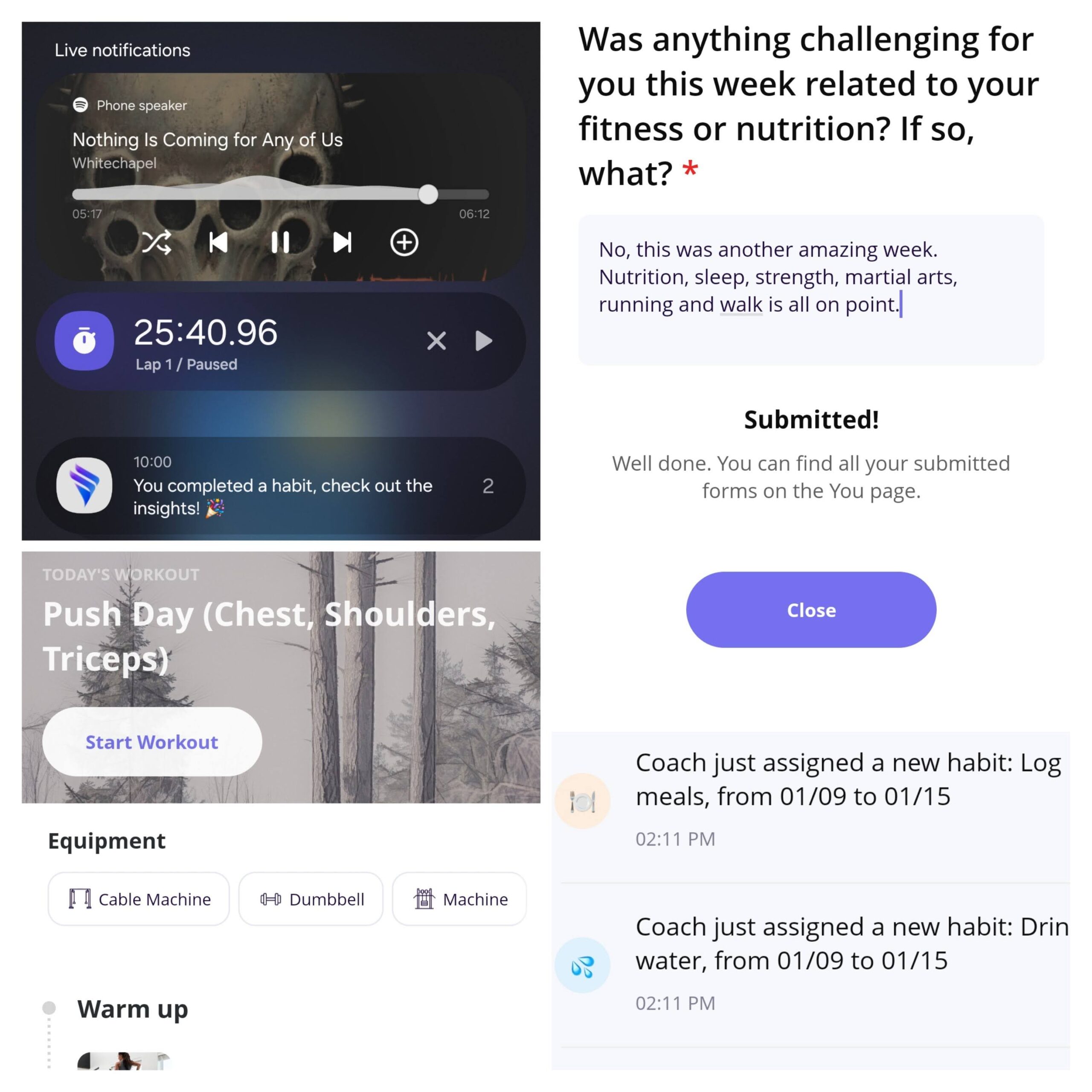 Simple collage displaying daily habits being assigned, to our weekly check ins, and workouts directly from our coaching app as it is seen by our clients.