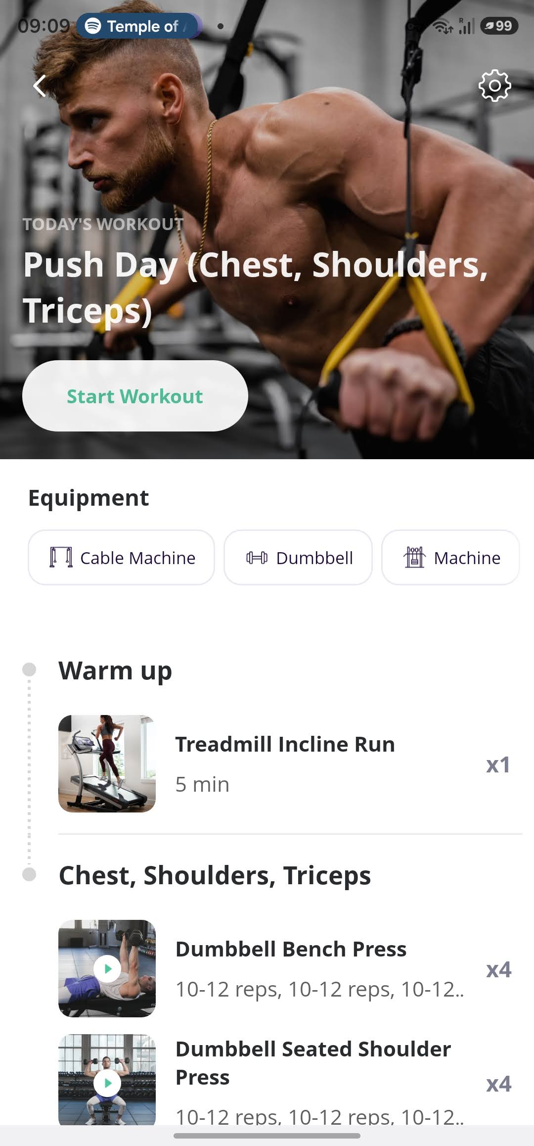 View of the client app. In this image we can see parts of a Strength training session.