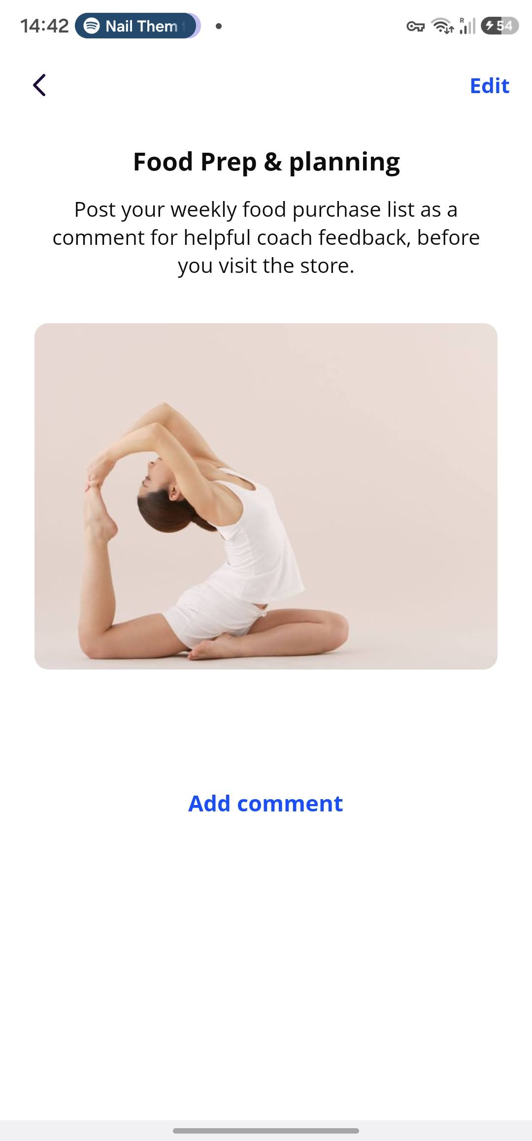 View from the client app. Strength By Fitness covers daily habits too, such as your weekly food prep, planning and shopping. Post a comment with your weekly food list and we will go over it and provide you with our coach input on what to buy and what to reduce or skip.