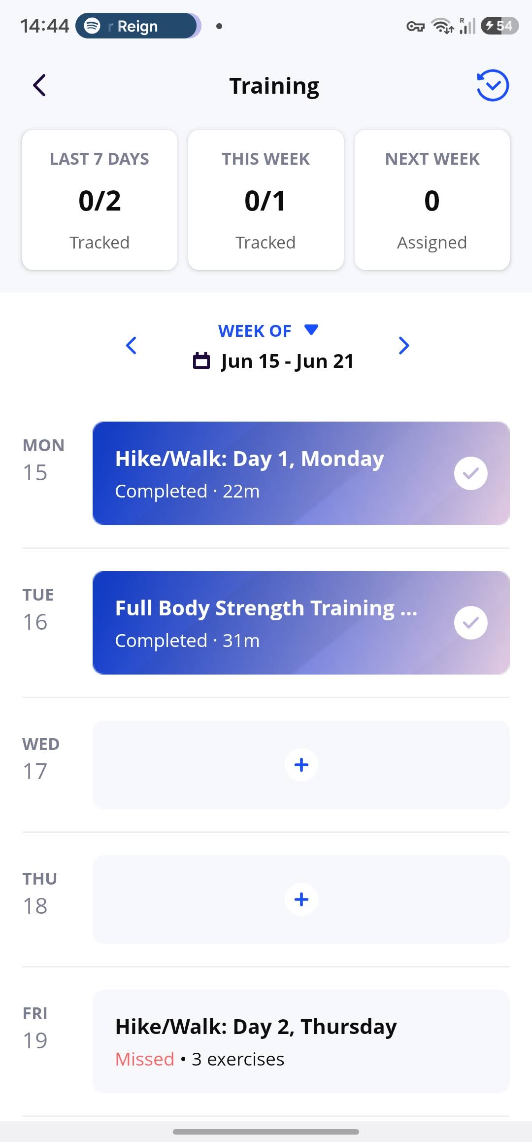 View from the client app, each day clearly display what to do, be it exercise, or daily tasks for that particular day.